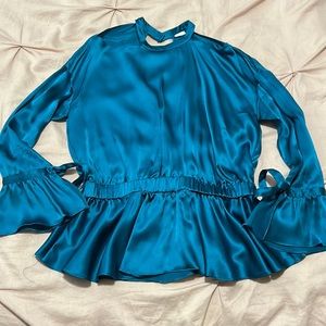 Womens Teal shoulder cut out silk blouse. Elegant Silk blouse designed in Italy